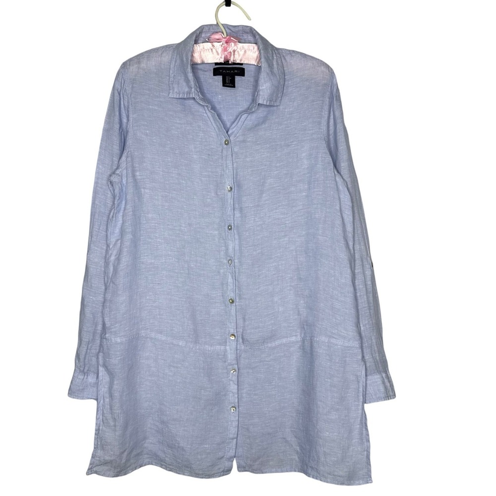Tahari 100% Linen Button Up Tunic S Duster Minimalist Lagenlook Capsule Roll Tab